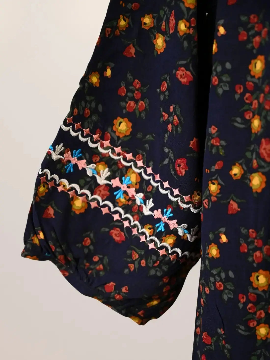 Midnight Blossom Kurti with Embroidered Neck & Floral Print