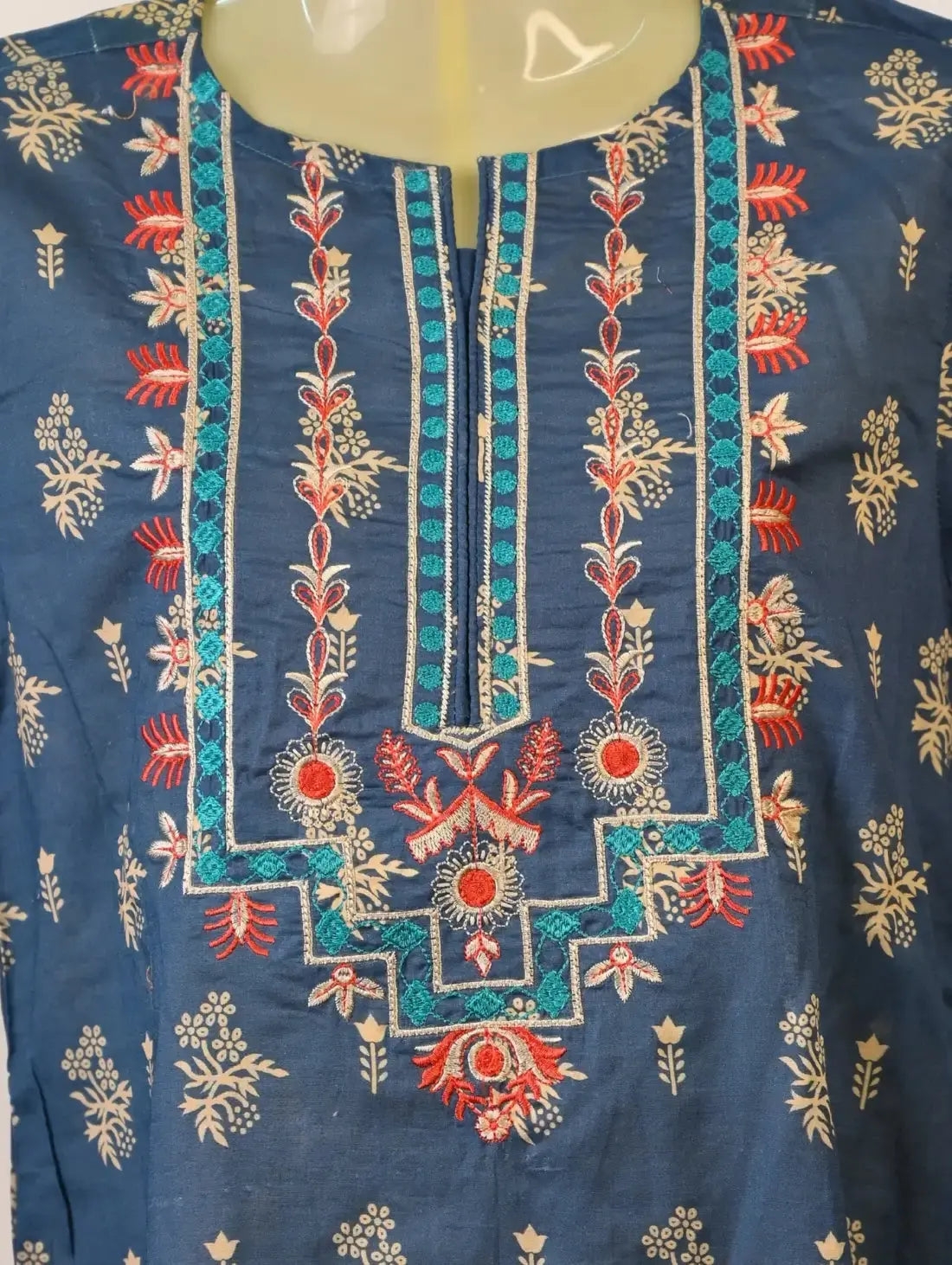 Teal Tabeer Kurti with Golden Motifs & Traditional Neck Embroidery