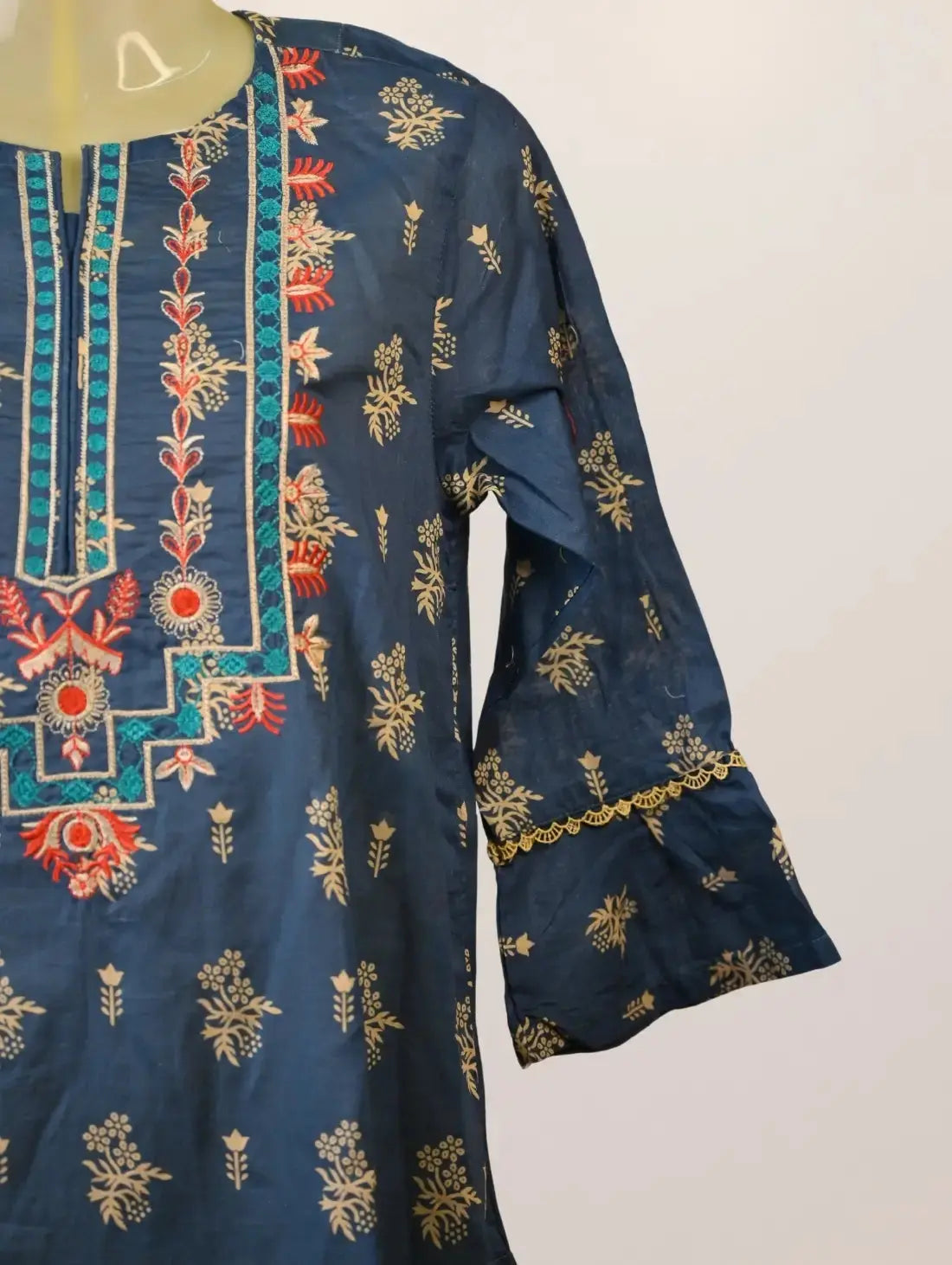 Teal Tabeer Kurti with Golden Motifs & Traditional Neck Embroidery