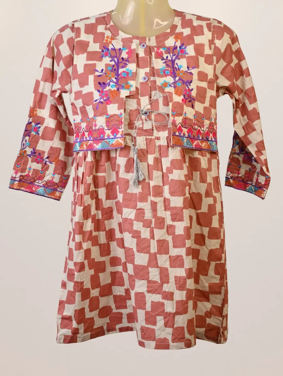 Checkered Charm Kurti with Embroidered Jacket Look & Tassel Tie