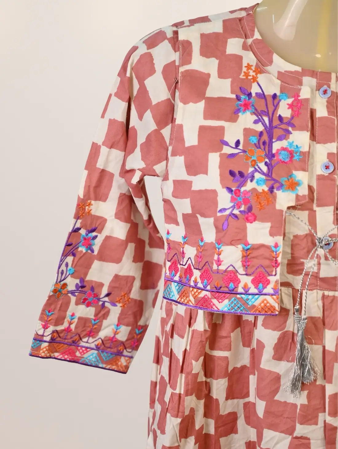 Checkered Charm Kurti with Embroidered Jacket Look & Tassel Tie