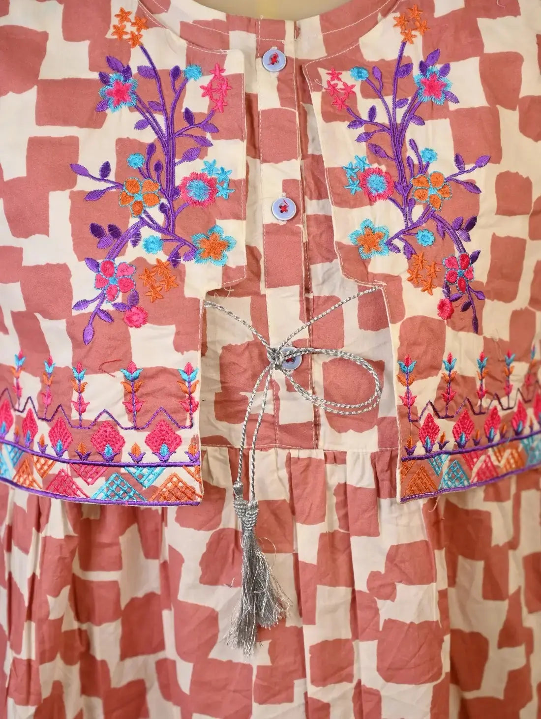 Checkered Charm Kurti with Embroidered Jacket Look & Tassel Tie