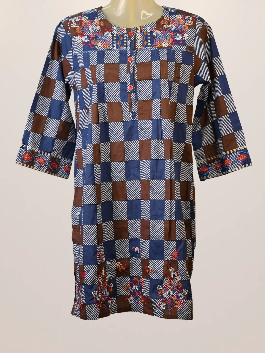 Rustic Checks Kurti with Floral Embroidery & Button Detailing