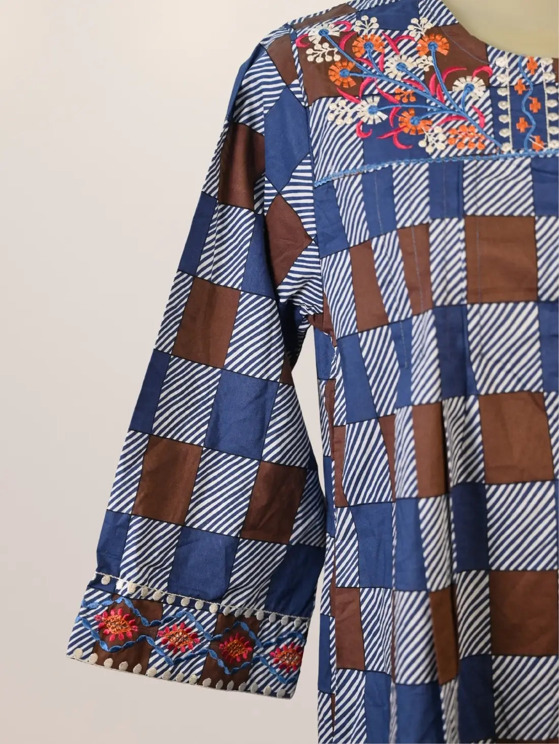 Rustic Checks Kurti with Floral Embroidery & Button Detailing