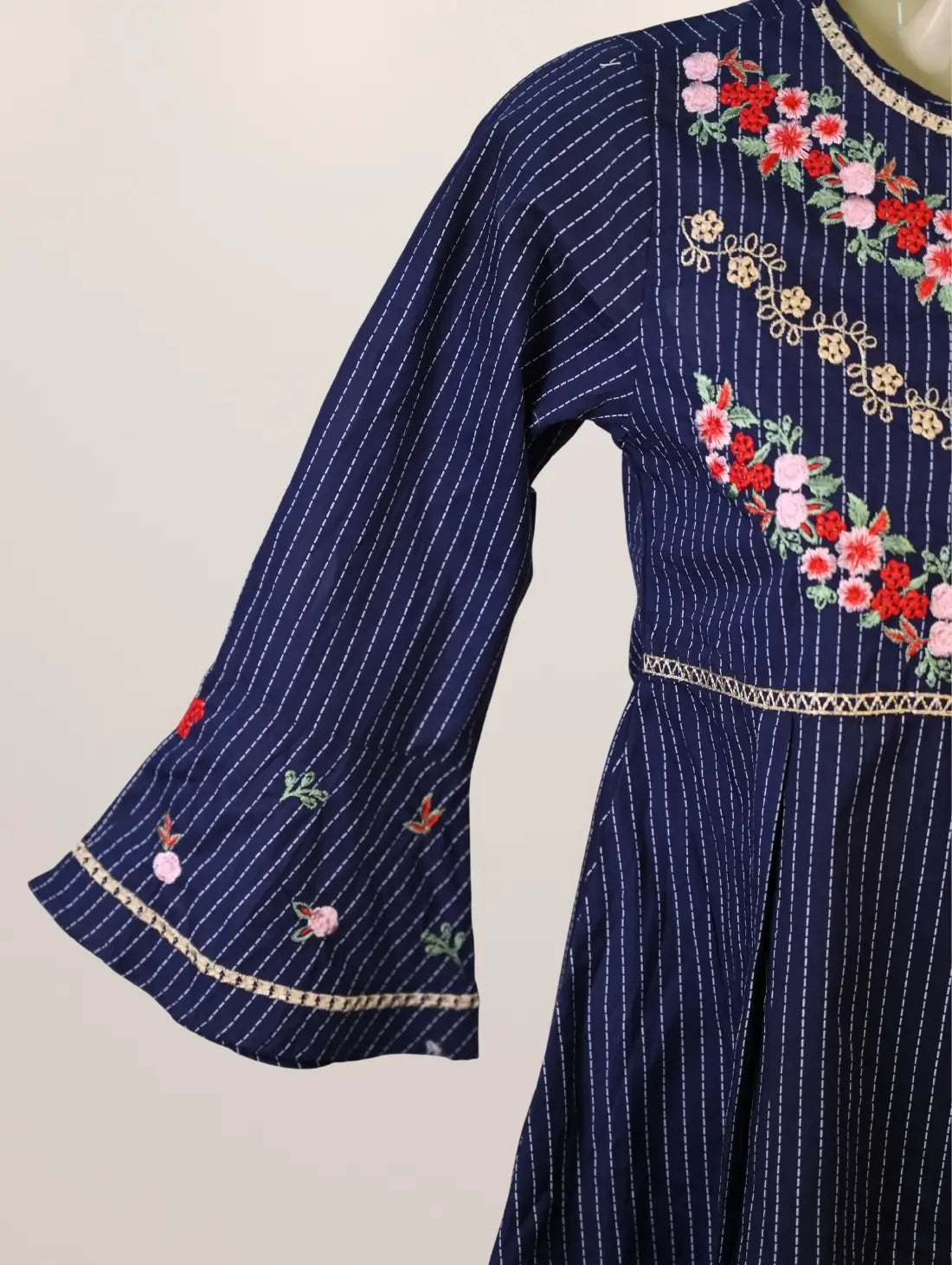 Rosy Stripes Kurti with Embroidered Front & Golden Accents