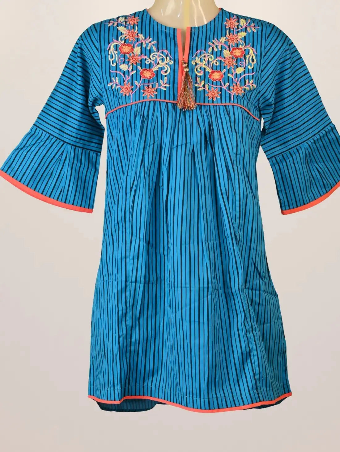 Striped Bloom Kurti with Tassel Charm & Floral Yoke