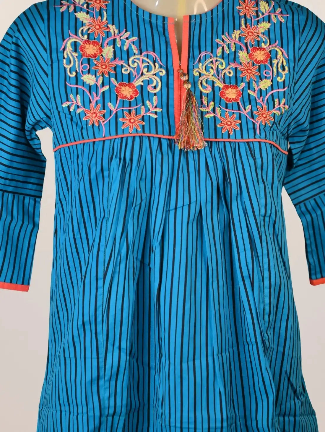 Striped Bloom Kurti with Tassel Charm & Floral Yoke