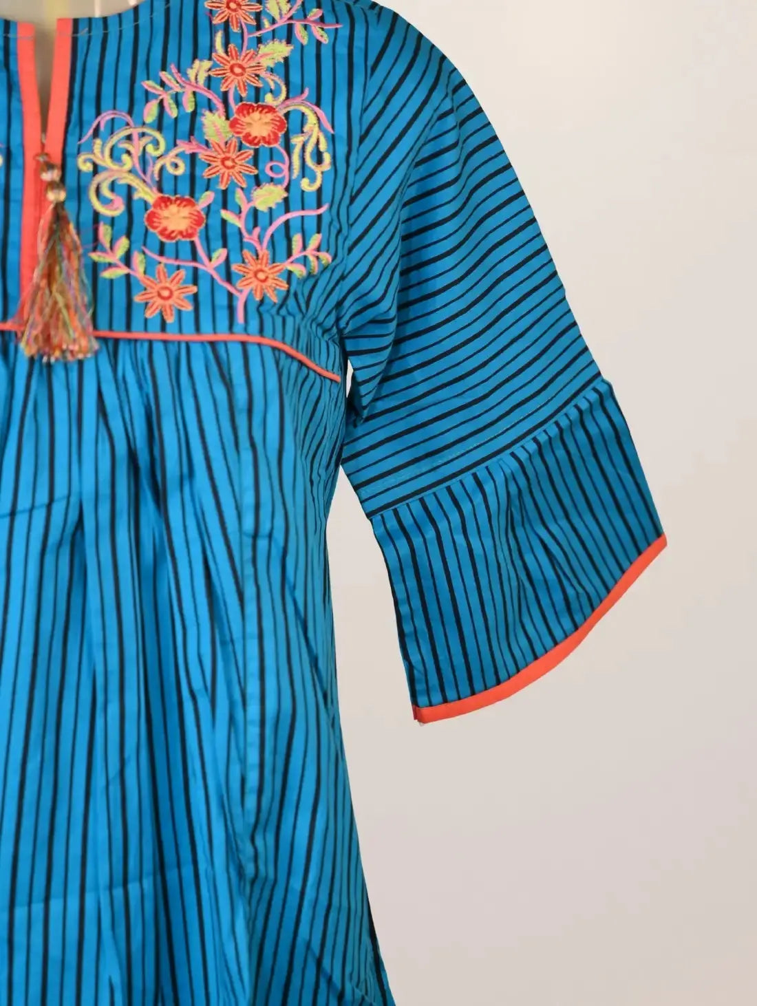Striped Bloom Kurti with Tassel Charm & Floral Yoke