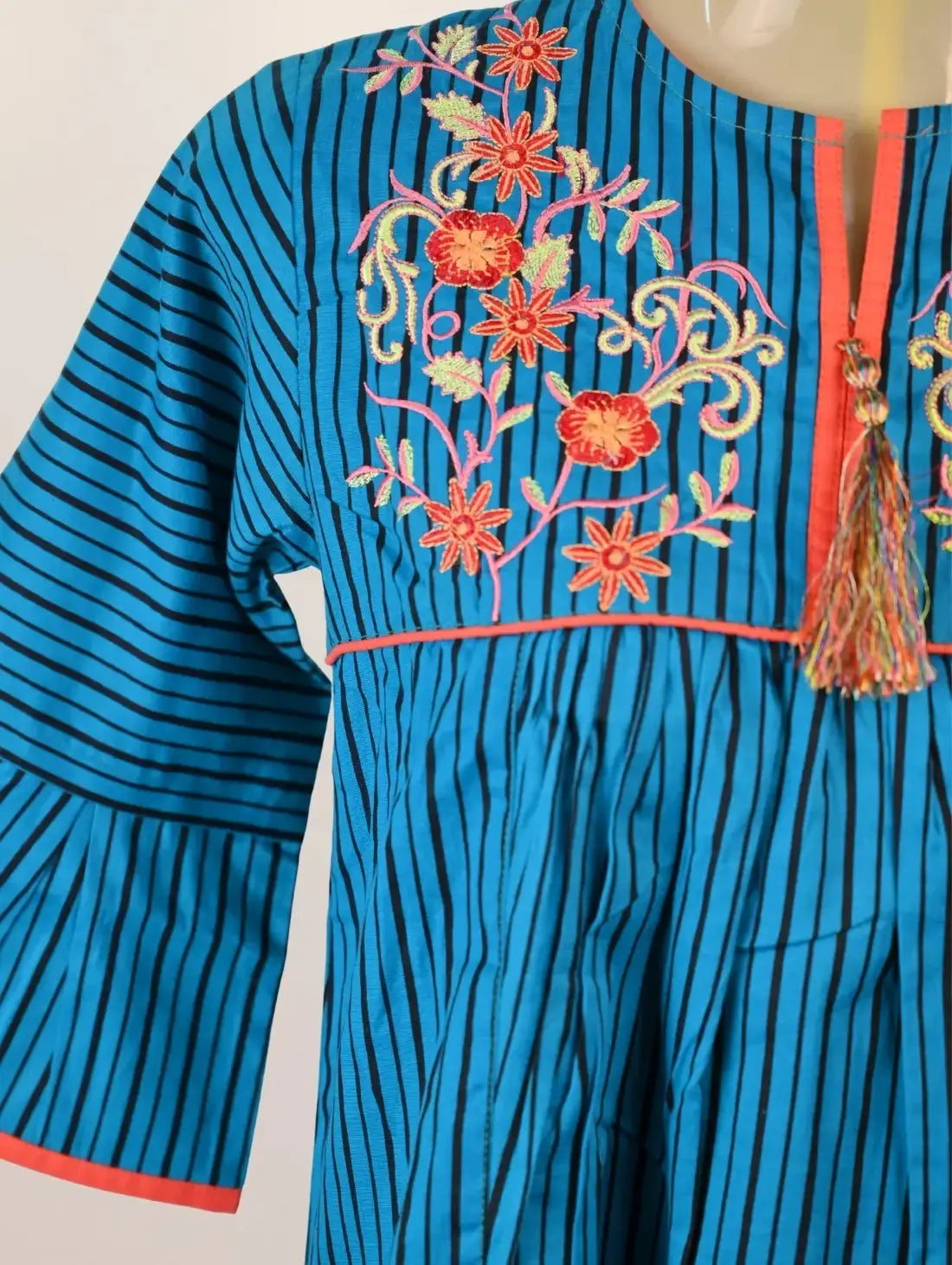 Striped Bloom Kurti with Tassel Charm & Floral Yoke
