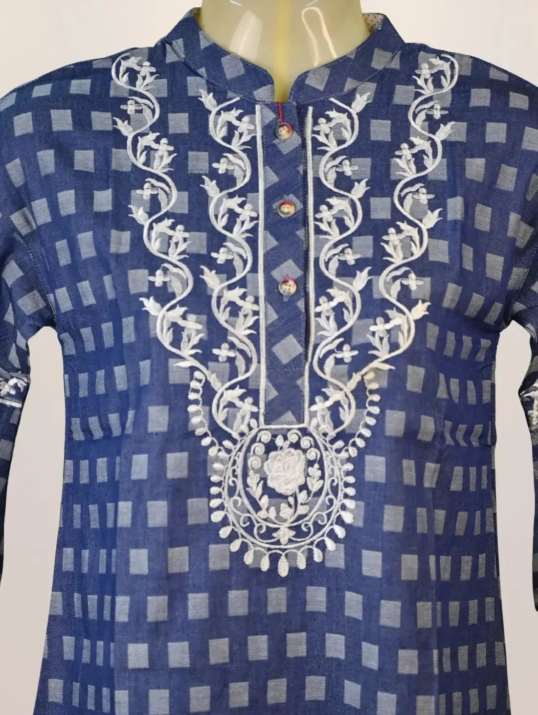 Navy Grace Kurti with White Embroidered Neckline