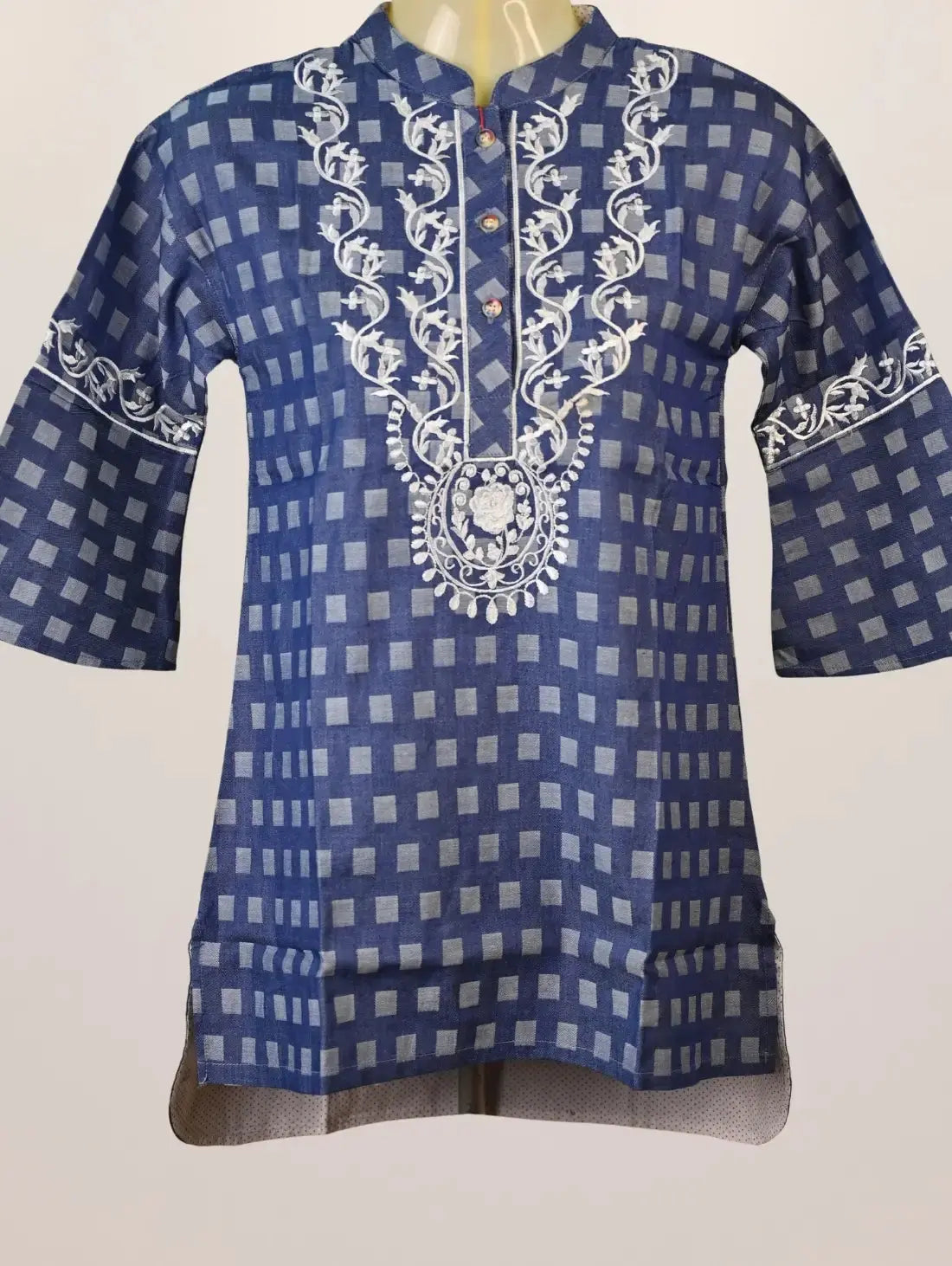 Navy Grace Kurti with White Embroidered Neckline