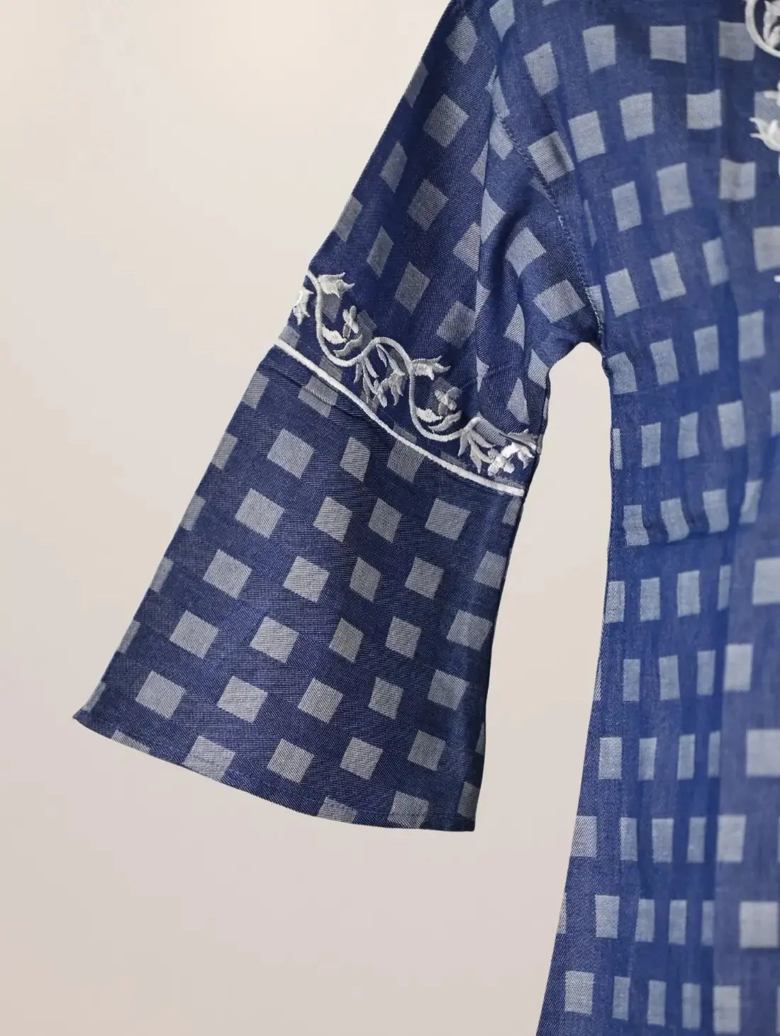 Navy Grace Kurti with White Embroidered Neckline