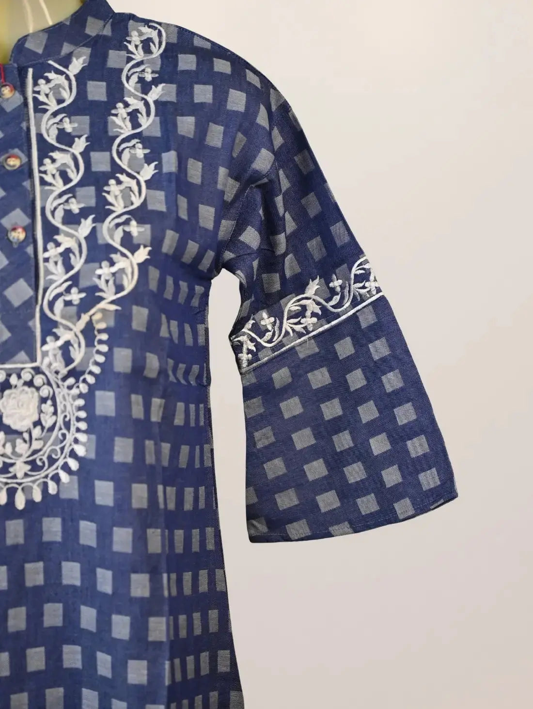 Navy Grace Kurti with White Embroidered Neckline