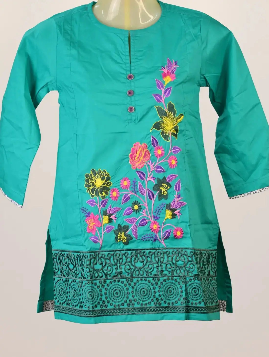 Emerald Bloom Kurti with Multicolor Floral Embroidery