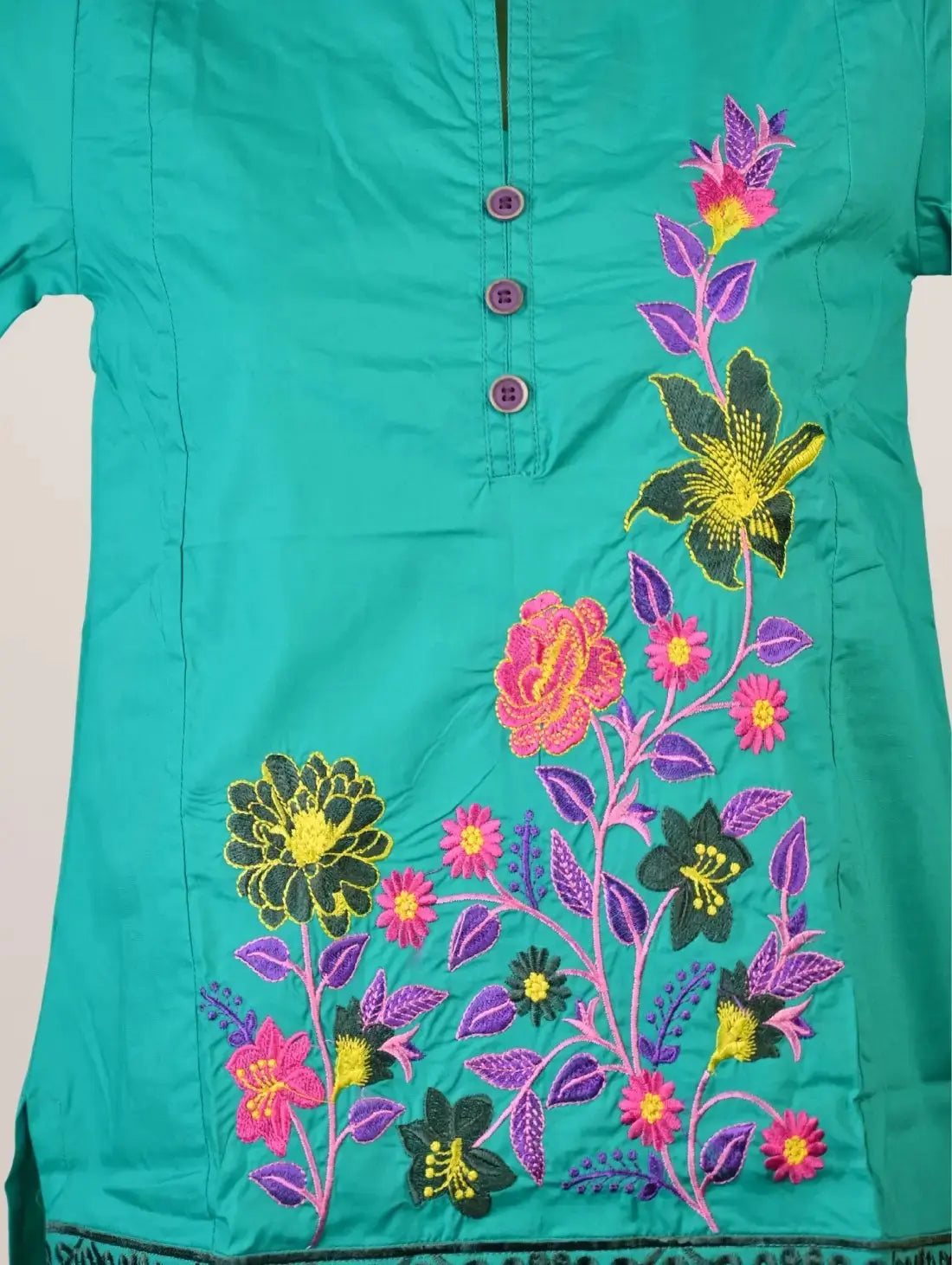 Emerald Bloom Kurti with Multicolor Floral Embroidery