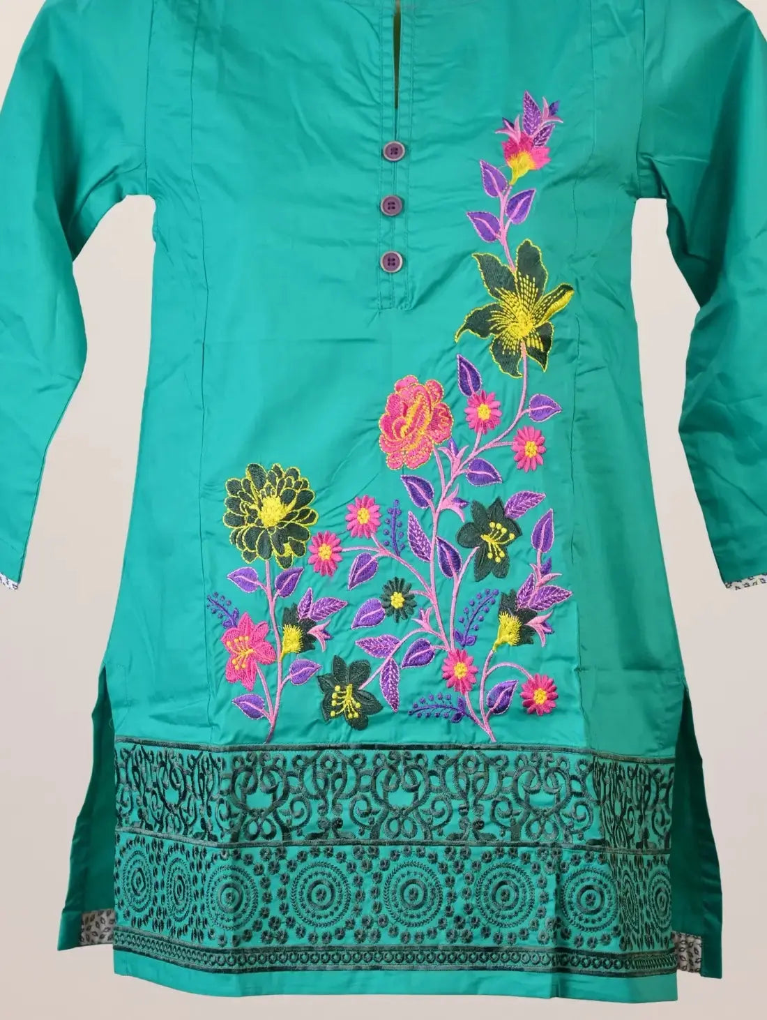 Emerald Bloom Kurti with Multicolor Floral Embroidery