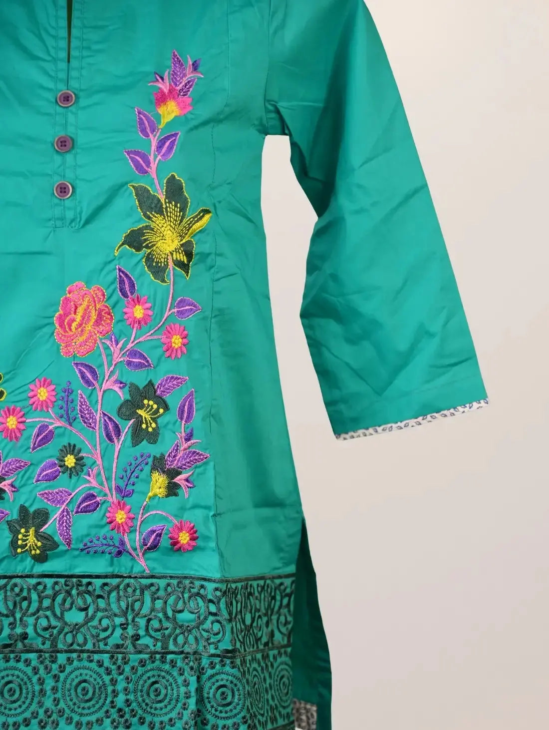 Emerald Bloom Kurti with Multicolor Floral Embroidery