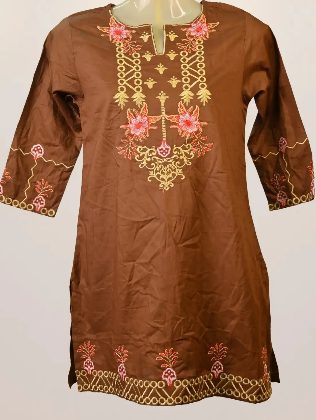 Rustic Bloom Kurti with Mustard Motifs & Coral Embroidery