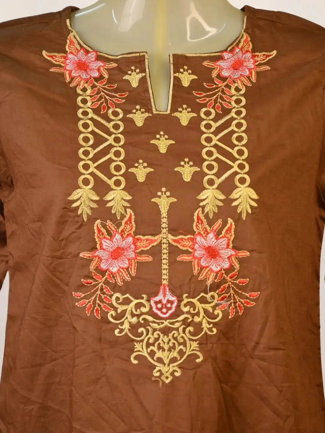 Rustic Bloom Kurti with Mustard Motifs & Coral Embroidery