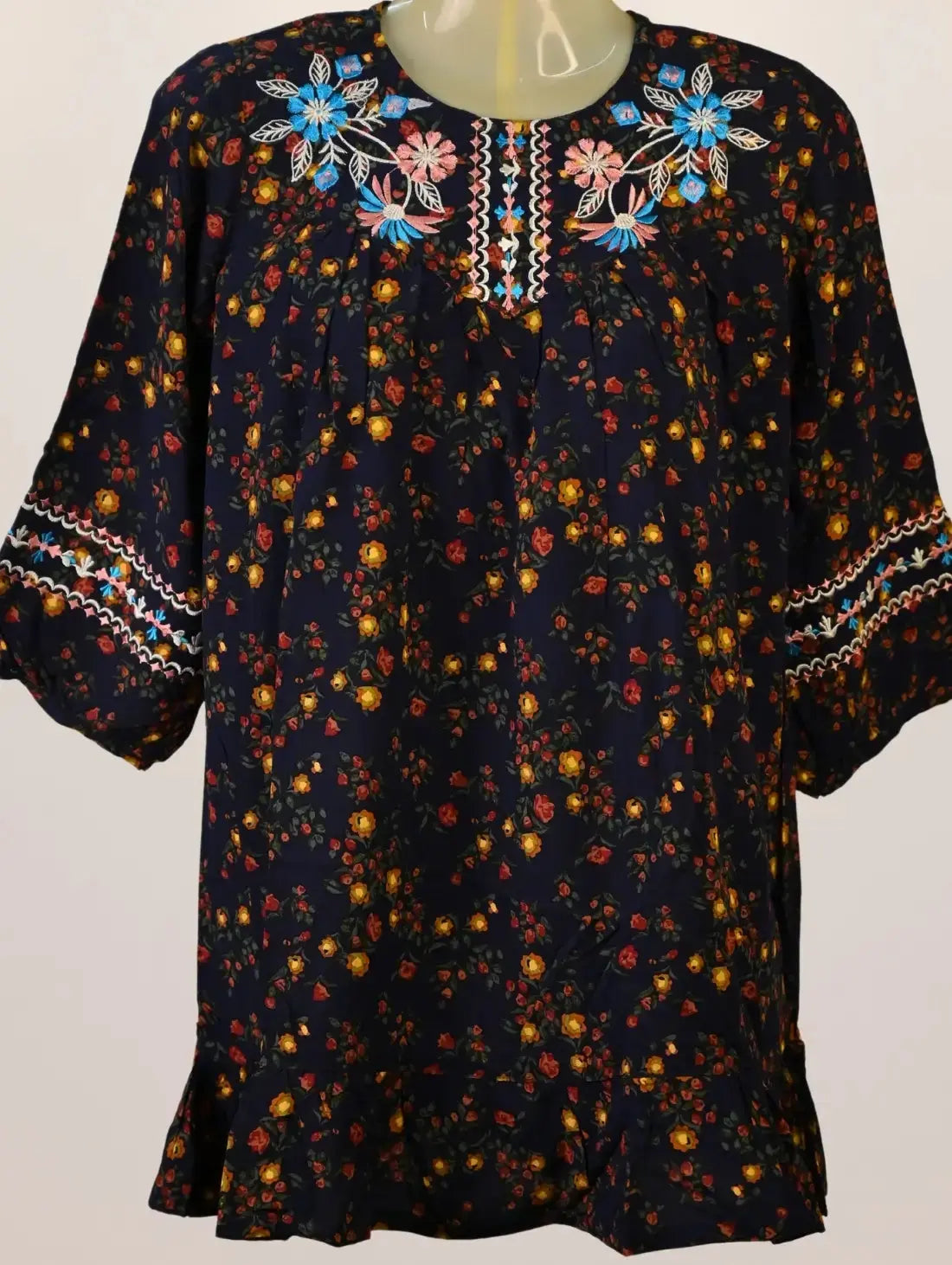 Midnight Blossom Kurti with Embroidered Neck & Floral Print
