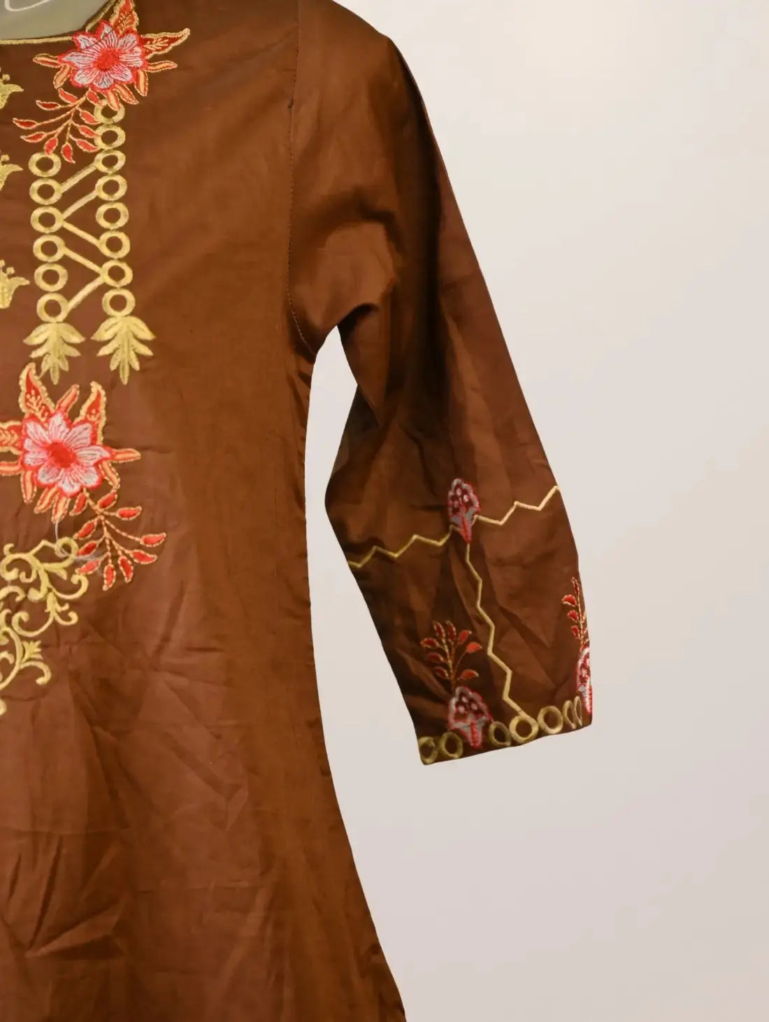 Rustic Bloom Kurti with Mustard Motifs & Coral Embroidery