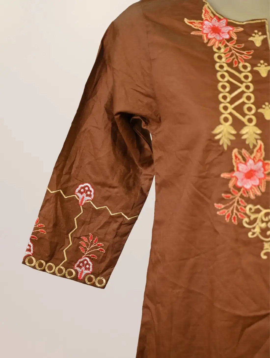 Rustic Bloom Kurti with Mustard Motifs & Coral Embroidery