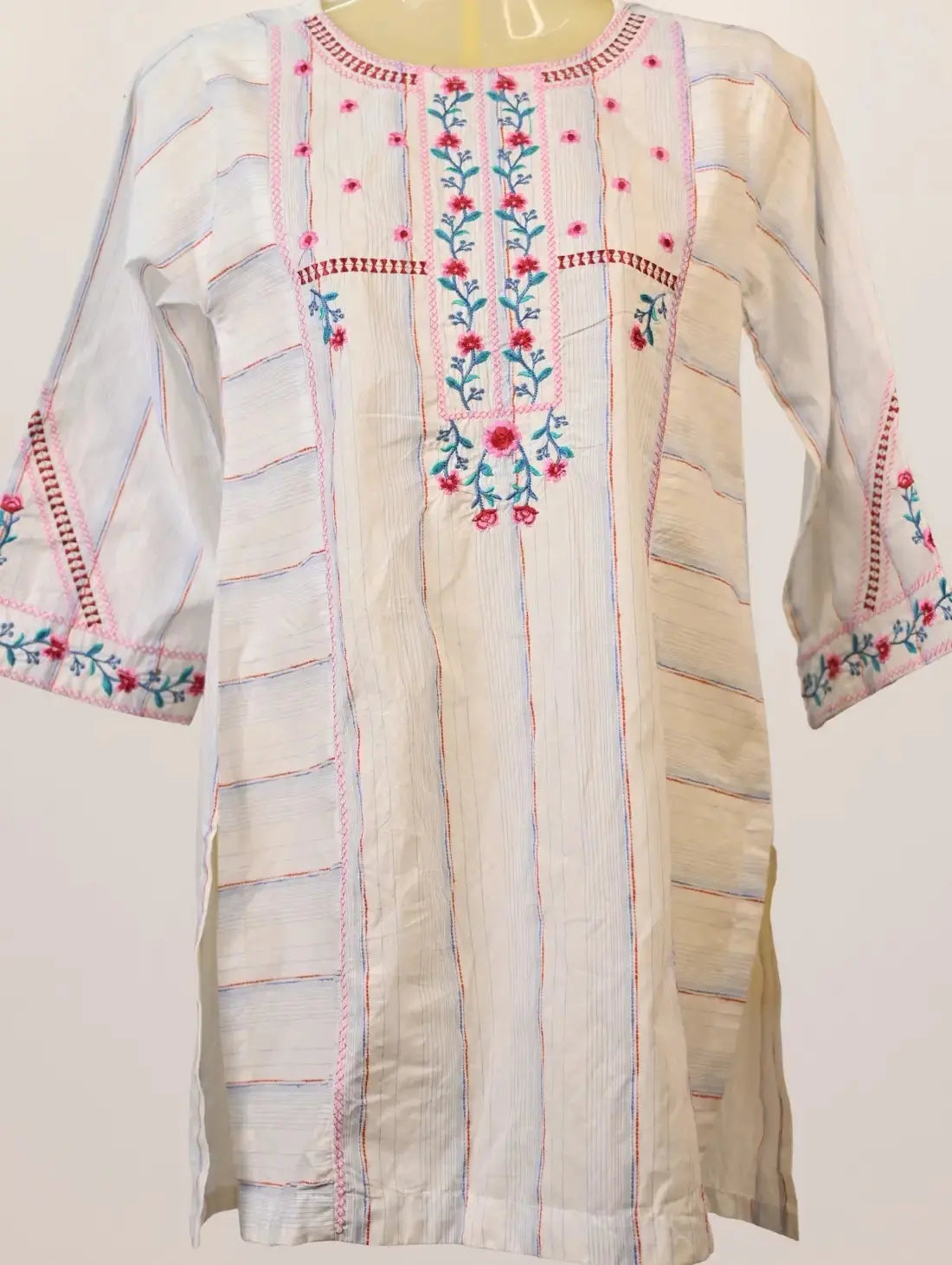 Summer Stripe Kurti with Pastel Floral Embroidery
