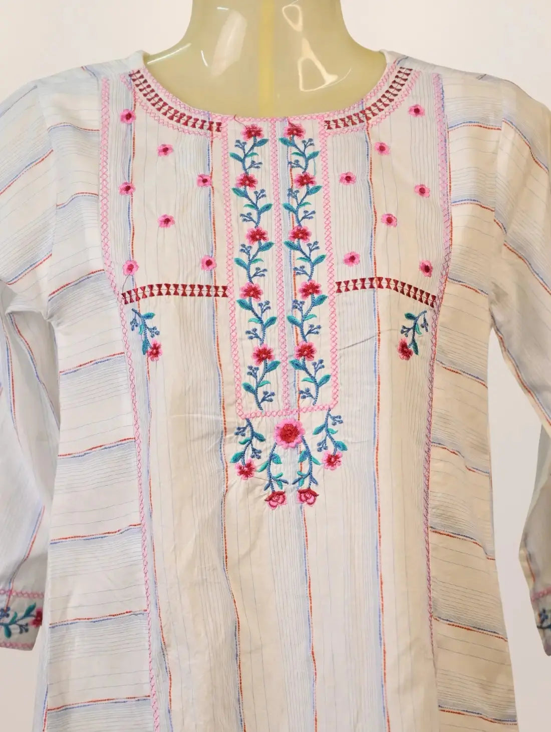 Summer Stripe Kurti with Pastel Floral Embroidery