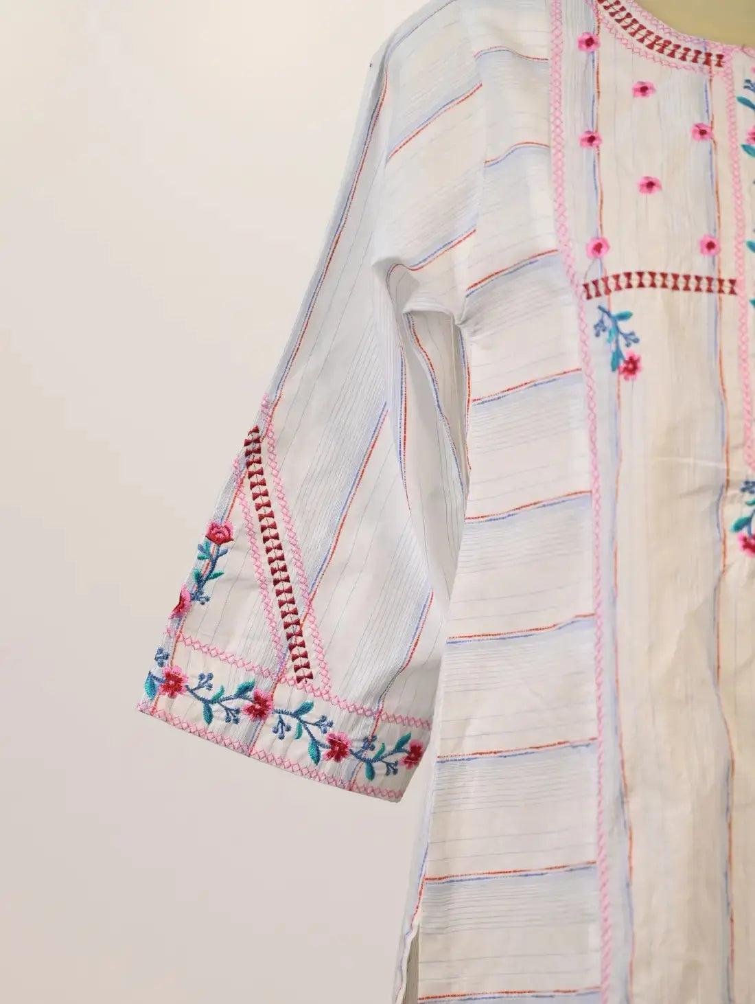 Summer Stripe Kurti with Pastel Floral Embroidery