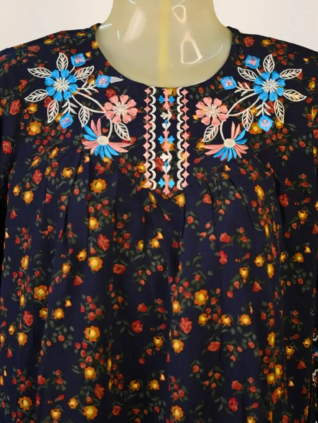 Midnight Blossom Kurti with Embroidered Neck & Floral Print