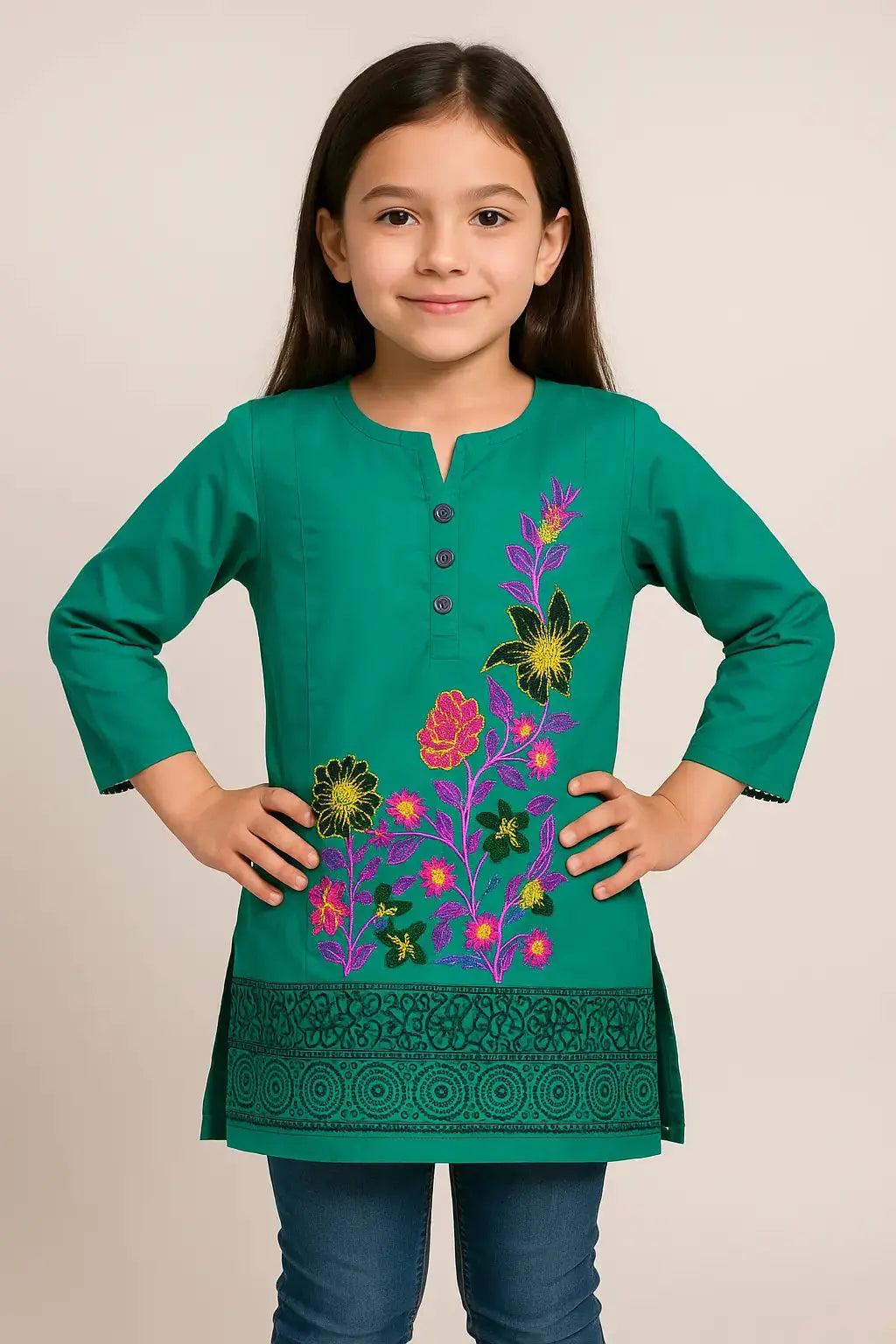Emerald Bloom Kurti with Multicolor Floral Embroidery