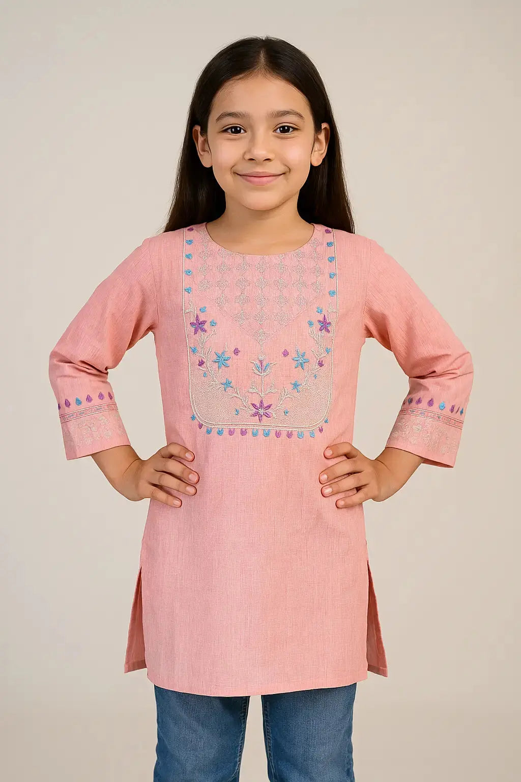 Blush Petals Kurti with Pastel Floral Embroidery