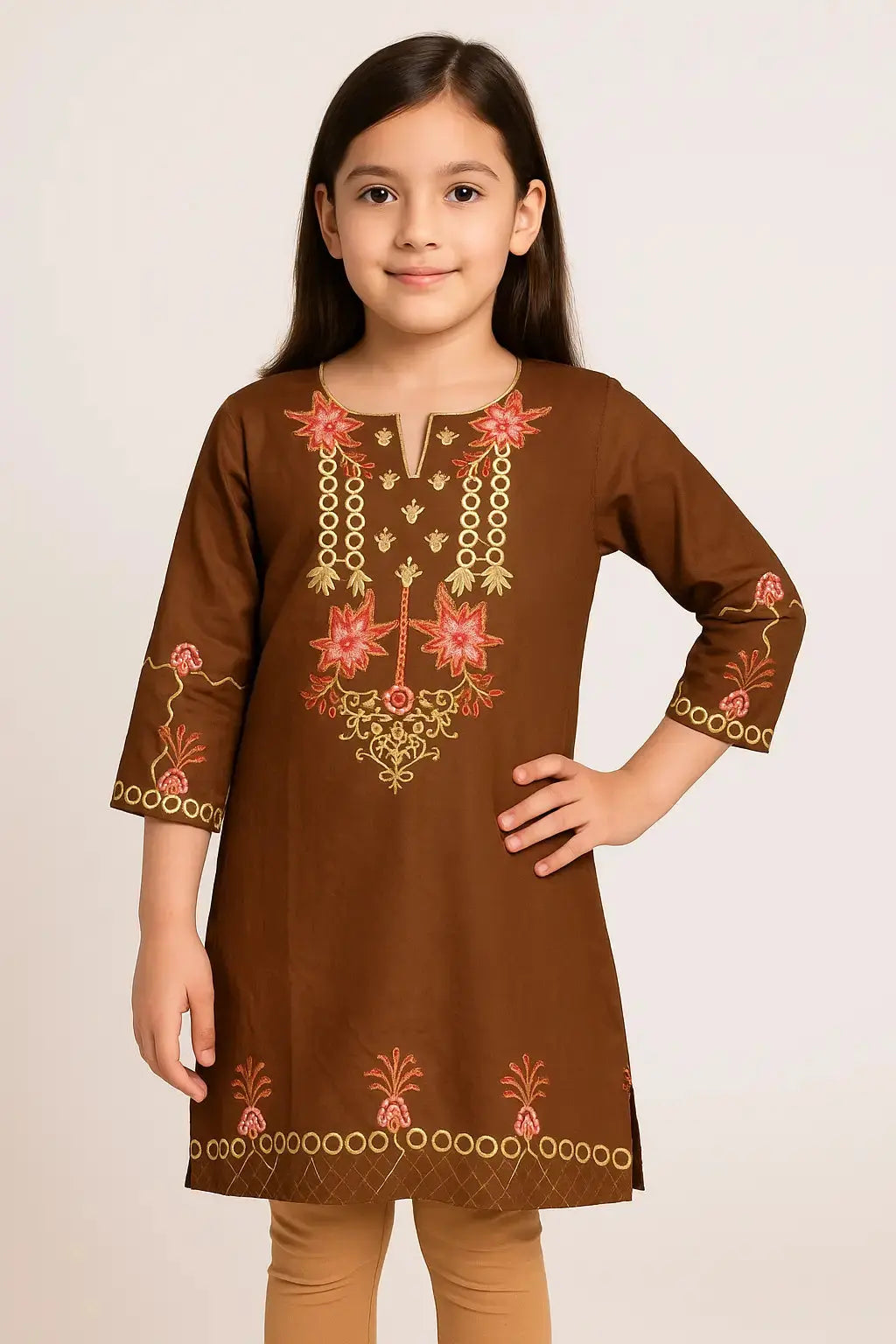 Rustic Bloom Kurti with Mustard Motifs & Coral Embroidery