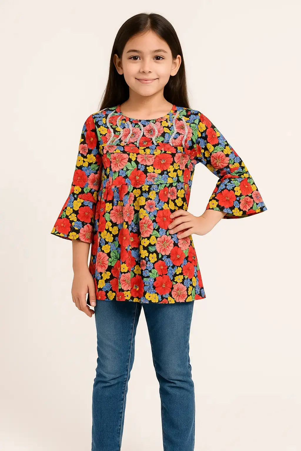 Festive Flora Kurti with Embroidered Yoke & Flared Sleeves