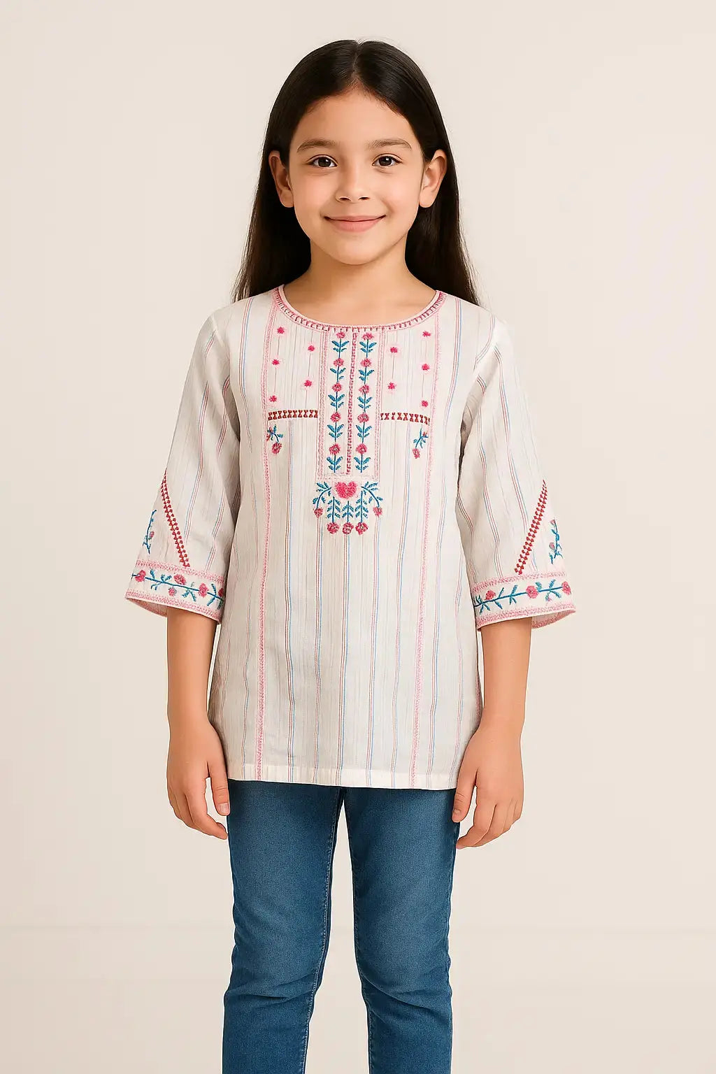 Summer Stripe Kurti with Pastel Floral Embroidery