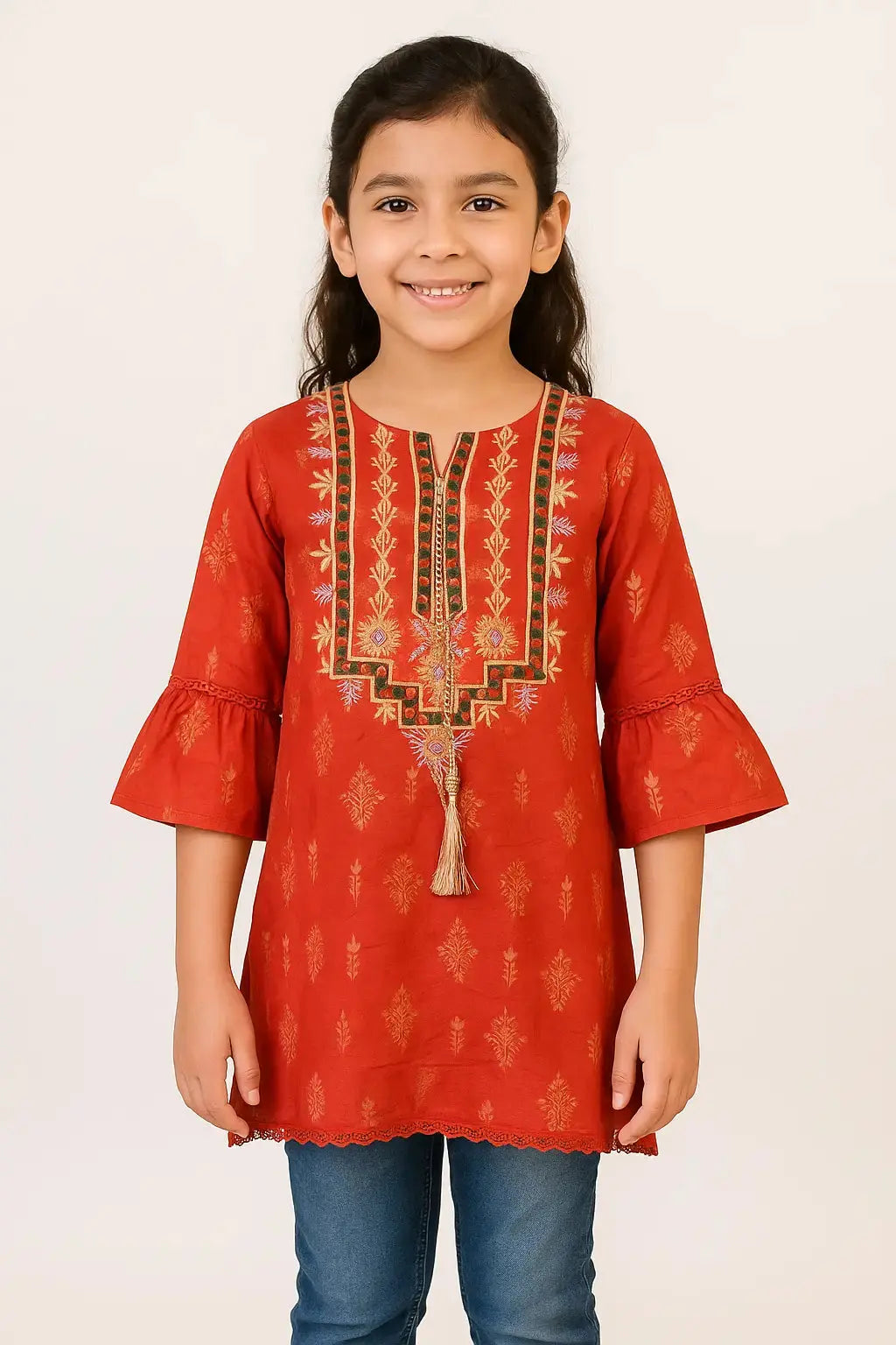 Rust Heritage Kurti with Golden Motifs & Embroidered Tassel Neck