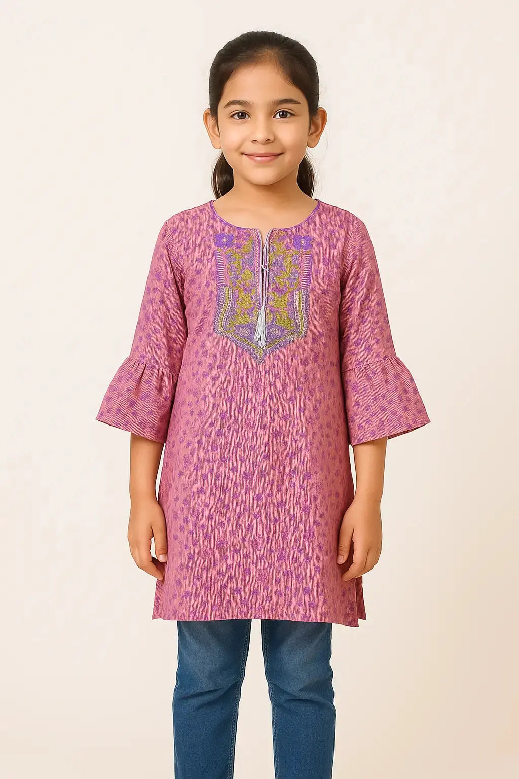 Lavender Leaf Kurti with Thread Embroidery & Flared Sleeves