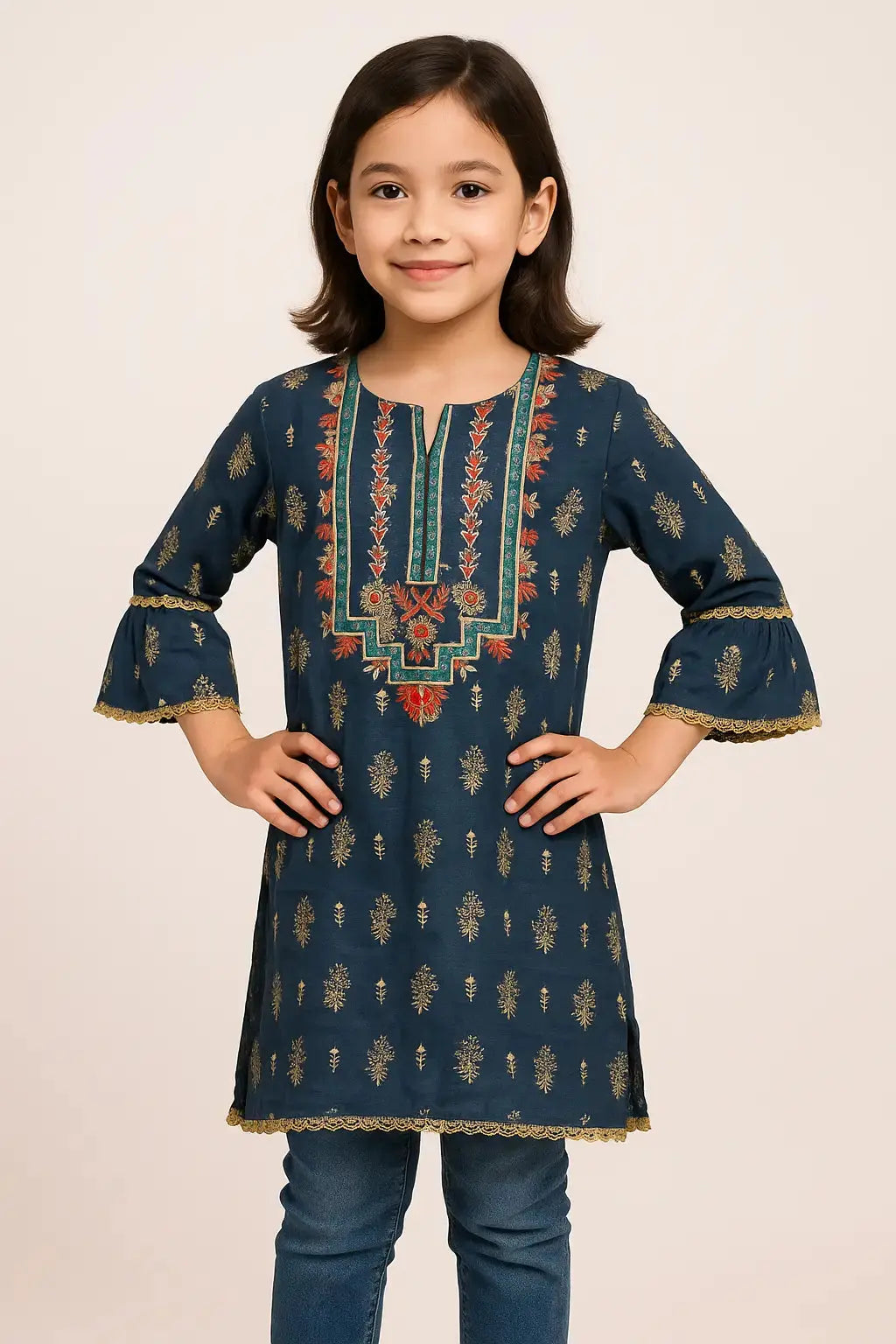 Teal Tabeer Kurti with Golden Motifs & Traditional Neck Embroidery