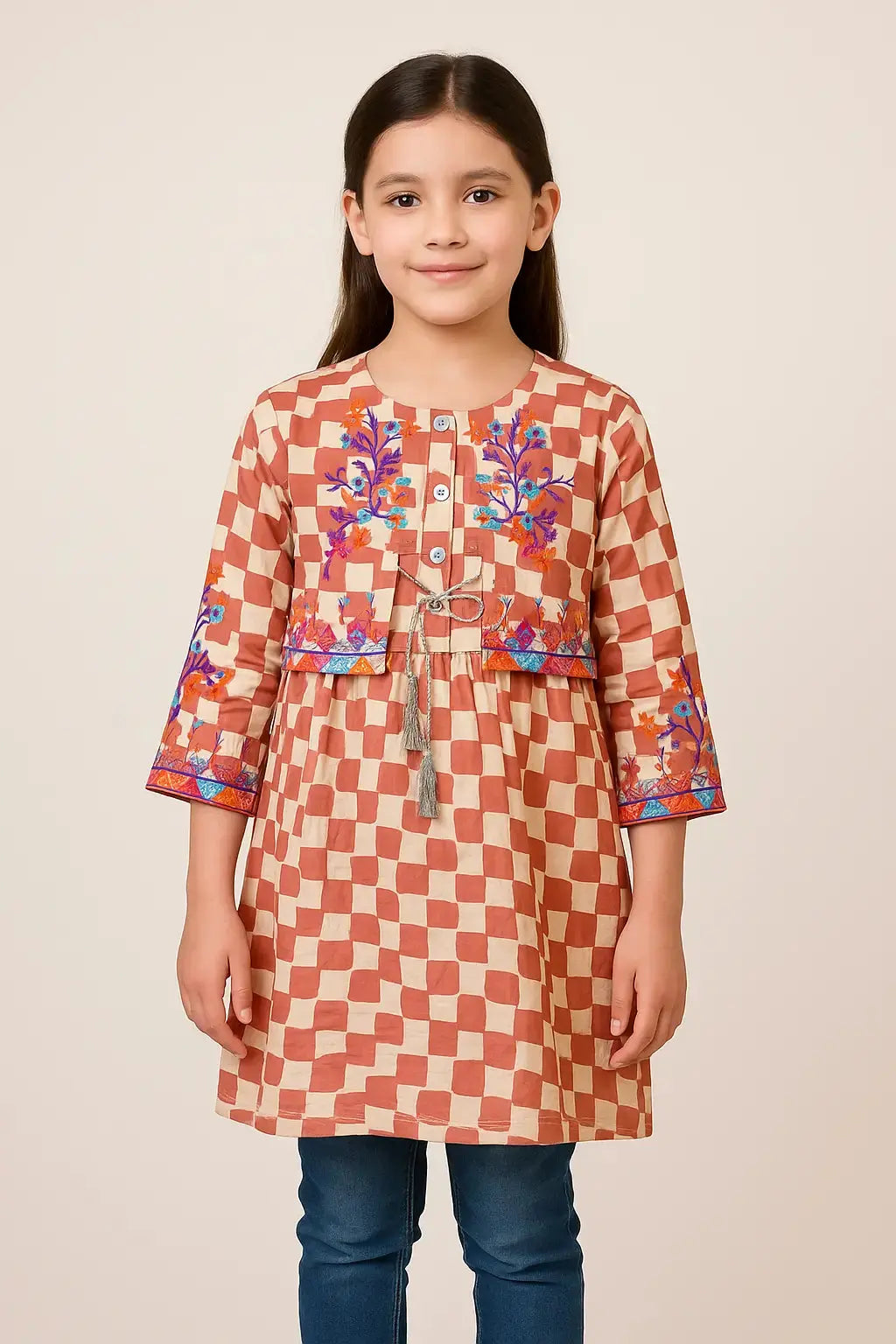 Checkered Charm Kurti with Embroidered Jacket Look & Tassel Tie