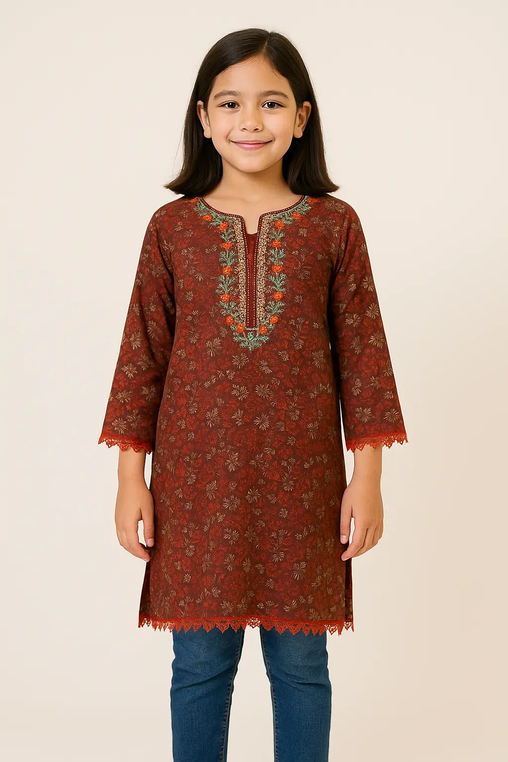 Autumn Bloom Kurti with Lace Border & Floral Neck Embroidery
