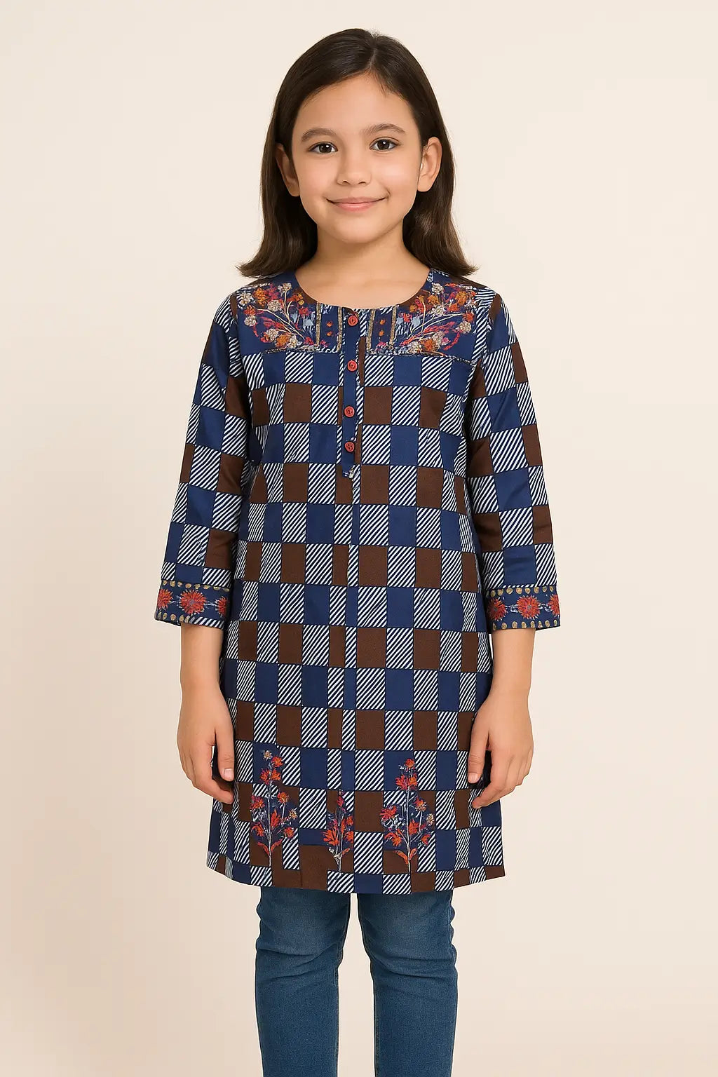 Rustic Checks Kurti with Floral Embroidery & Button Detailing