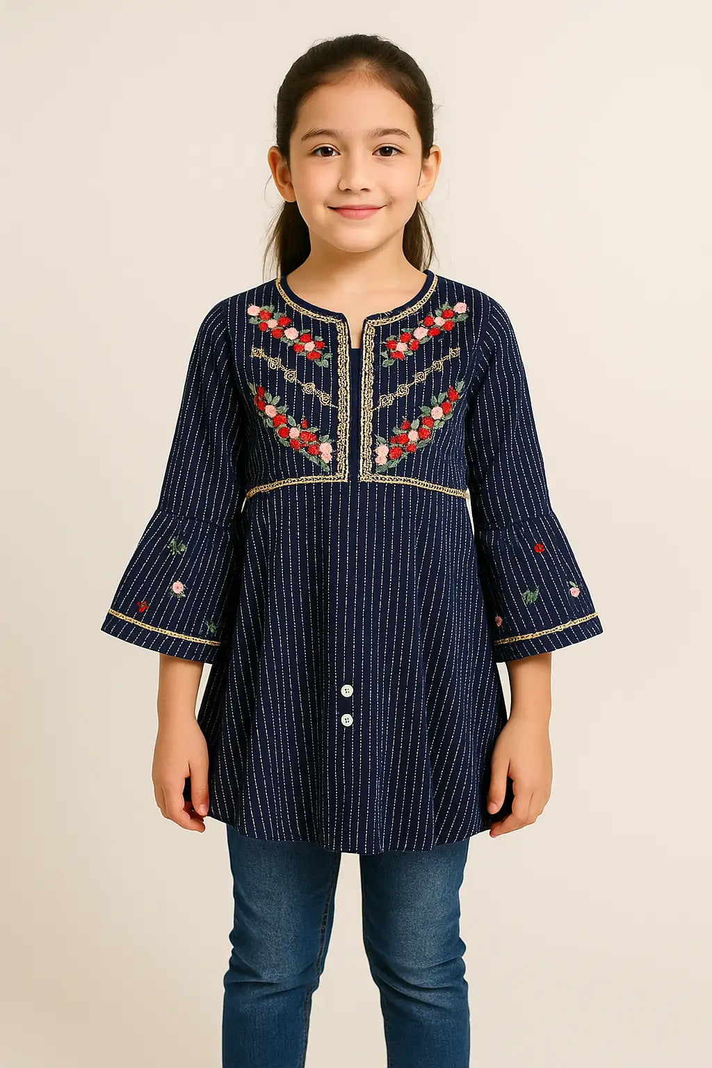 Rosy Stripes Kurti with Embroidered Front & Golden Accents