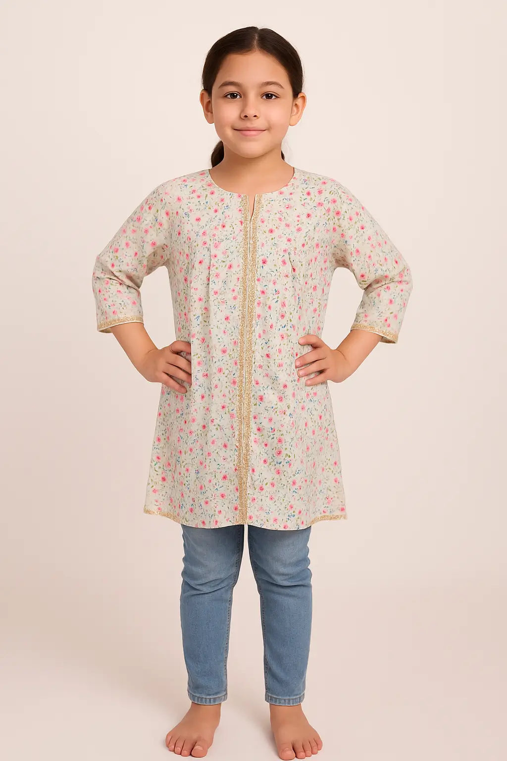 Chamak-e-Bahar Kurti with Gold Lace & Pastel Floral Print