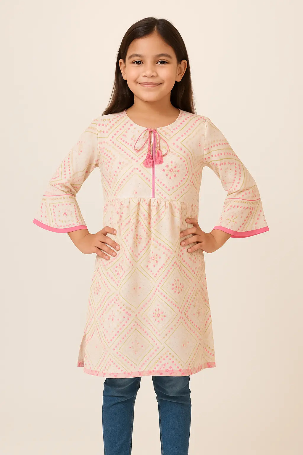 Gulaabi Gehna Kurti with Tassel Tie & Golden Motif Print