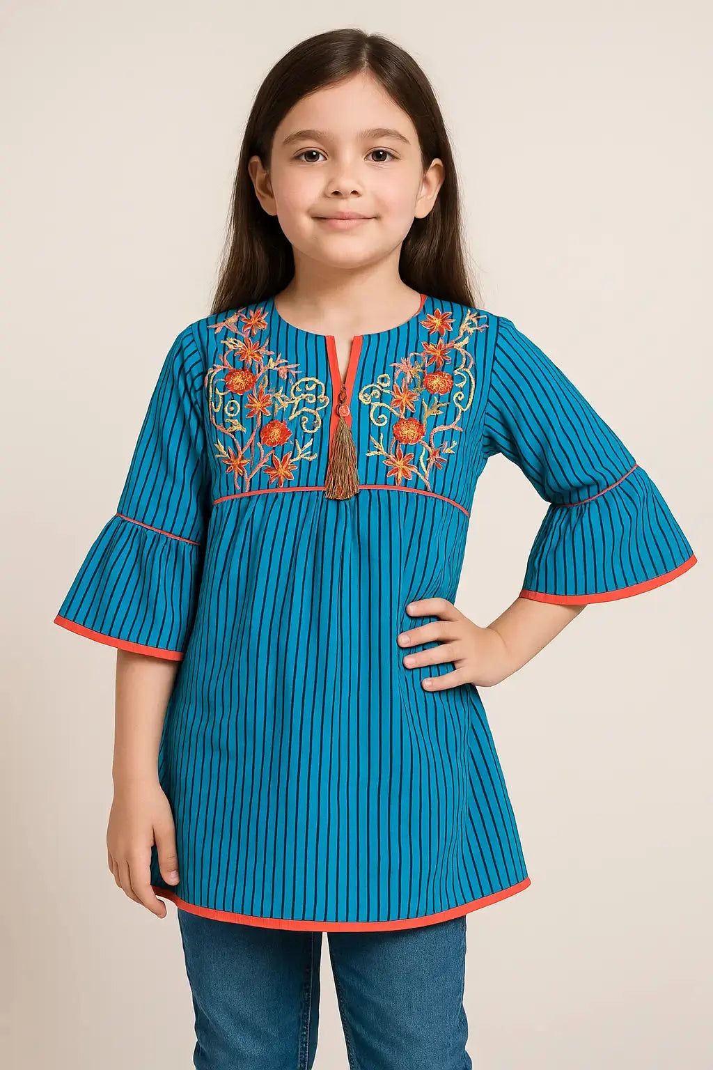 Striped Bloom Kurti with Tassel Charm & Floral Yoke