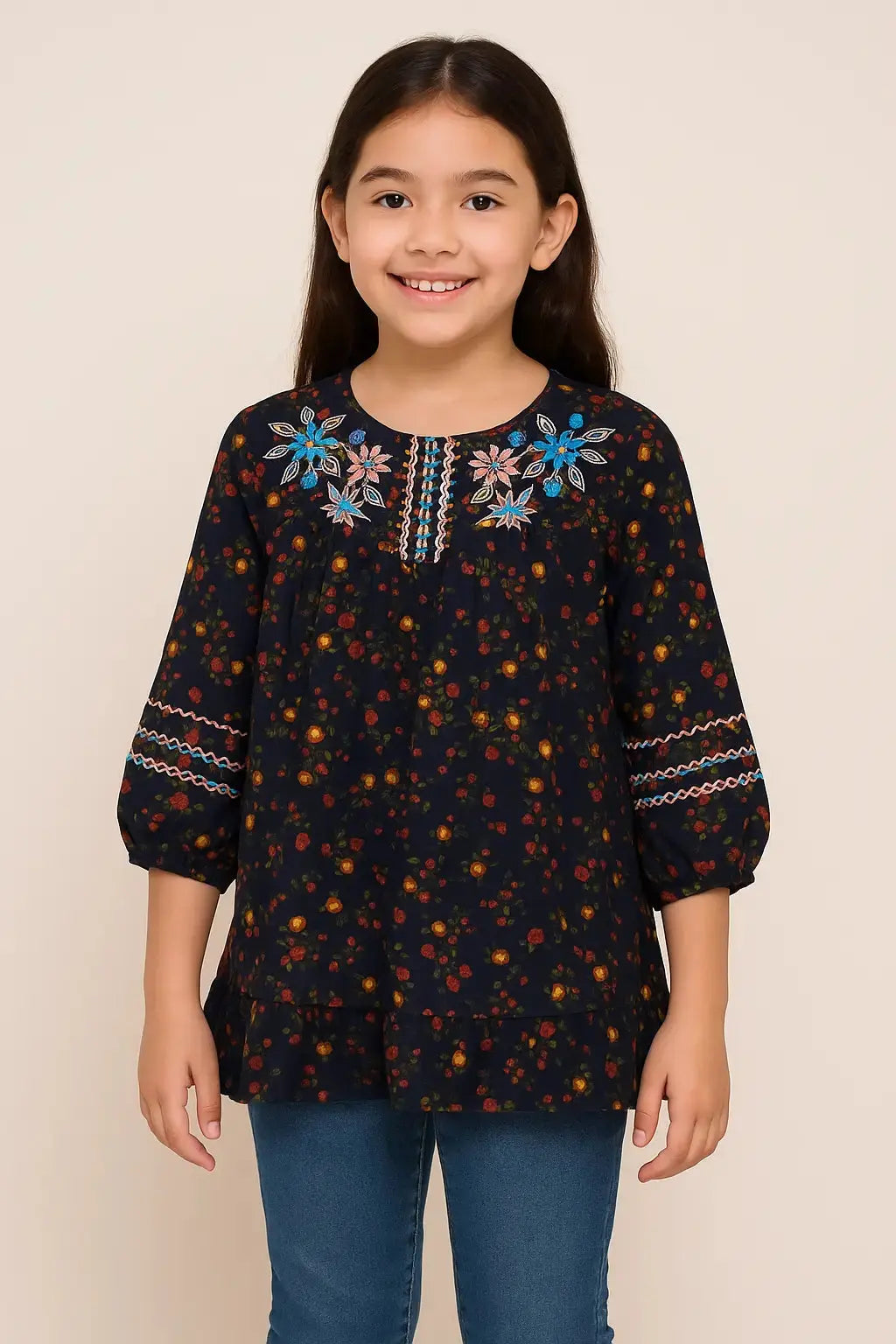 Midnight Blossom Kurti with Embroidered Neck & Floral Print