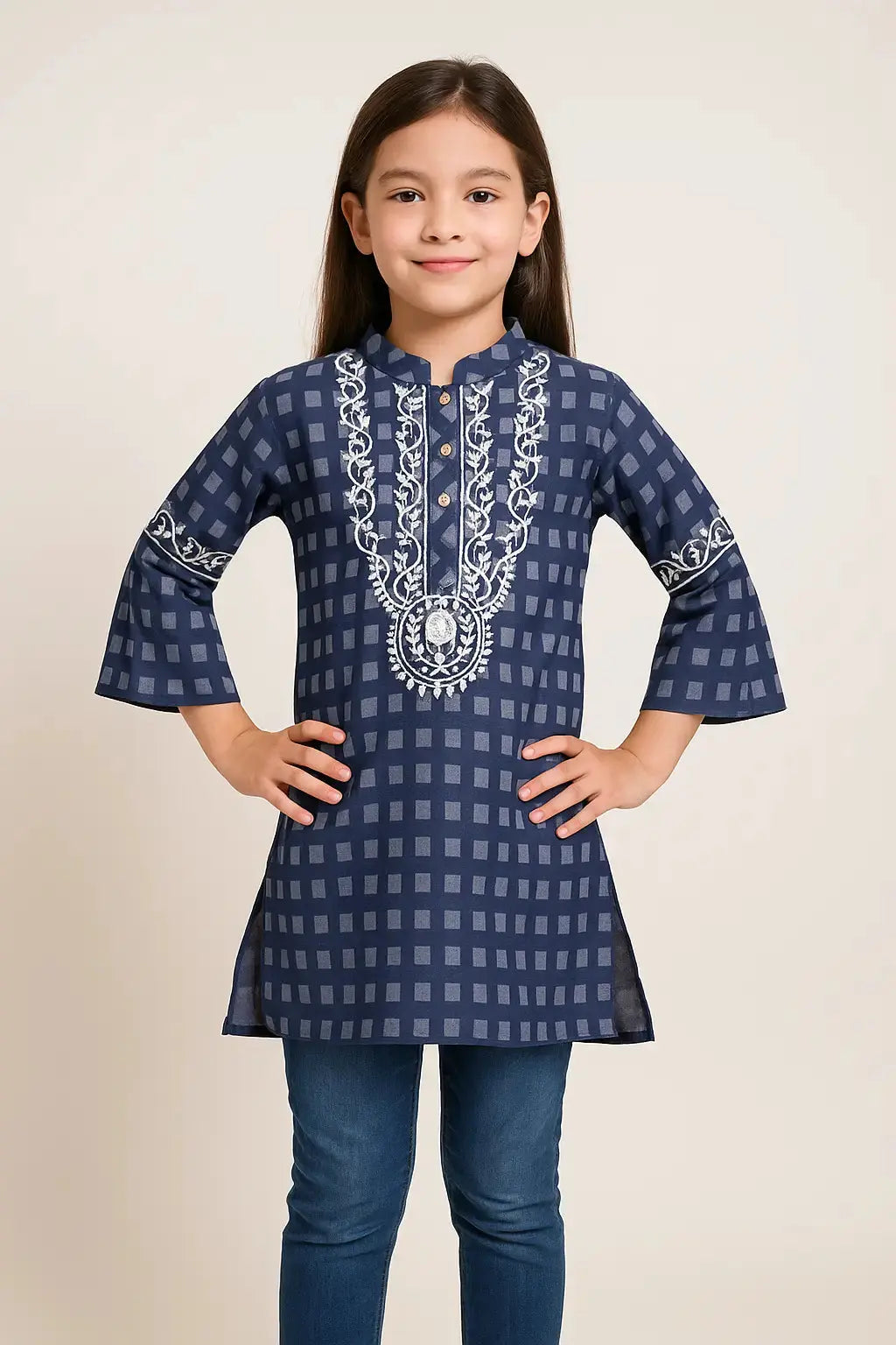 Navy Grace Kurti with White Embroidered Neckline